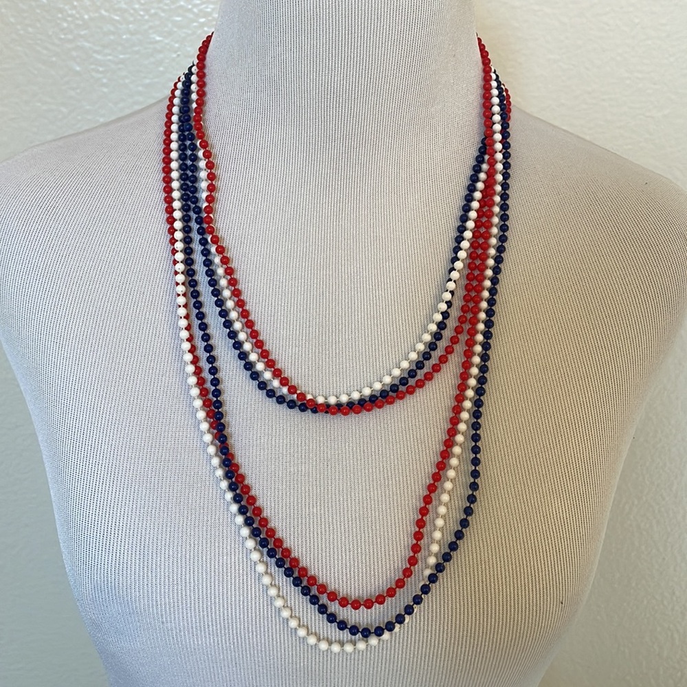 🎉3/$20 Vintage Long 3-Strand Red White and Blue Bead Necklace - 26 Inches